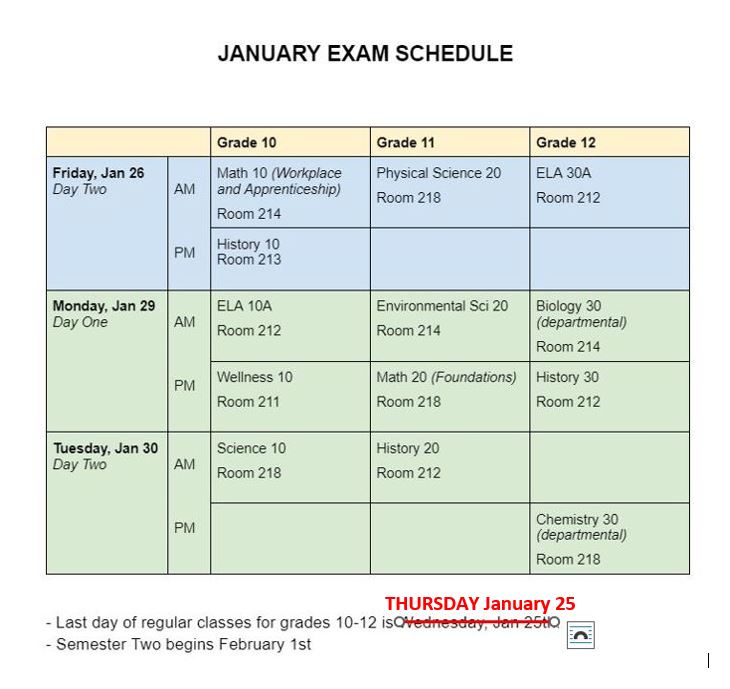 Grades 10 - 12 January Exam Schedule
